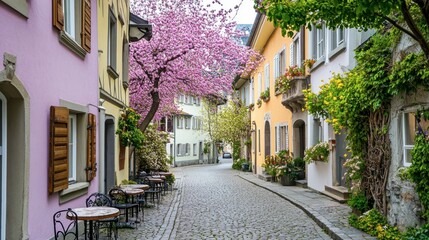 Obraz premium Charming Street with Blossom Trees in Springtime