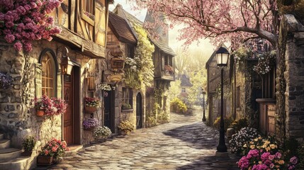 Fototapeta premium Charming Village Street with Blossoming Trees