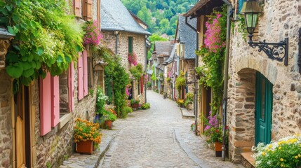 Fototapeta premium Charming Cobblestone Street in a Flower-Filled Village