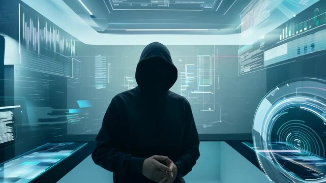 A person in a dark hoodie manipulates data streams on holographic screens in a tech lab, with high key lighting and a dolly zoom out effect creating a dynamic scene

.