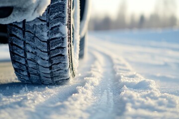 A close view of a tire moving through fresh snow, leaving distinct tracks on a winter road under clear daylight, creating a serene winter atmosphere
