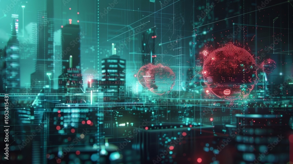 Poster digital earth holograms float above a futuristic smart city, visualizing global network connectivity