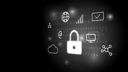 Flat digital padlock on a binary code with icons on a black background with copy space. Cyber security technology concept. Fraud prevention. Privacy data protection