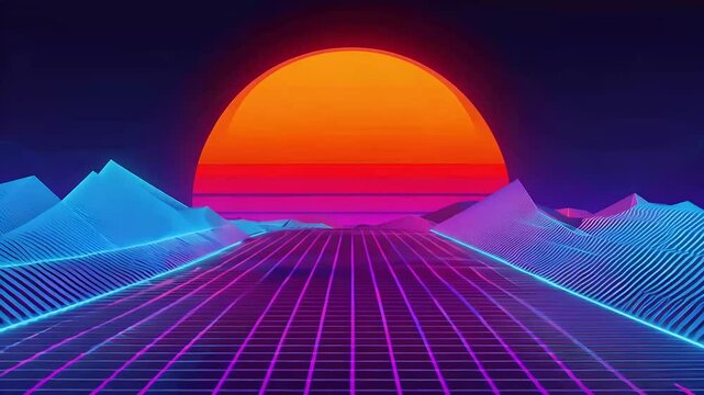Dive 80s retro landscape looping animation that features vibrant horizon filled neon lights lowpoly terrain creating engaging backdrop perfect nostalgic visuals abstract futuristic grid vintage game