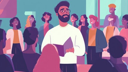 A multiethnic group of students is listening to a lecture by a professor. Intelligent young people attending university.