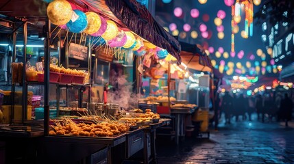 Naklejka premium Vibrant Night Market with Food Stalls and Lanterns