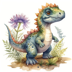 Obraz premium Watercolor colorful cute dinosaur in cartoon style. Funny animal painting. 