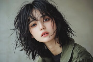 Naklejka premium 黒い髪の女性が自然光の中でカメラを見つめる、シンプルな背景でのポートレート