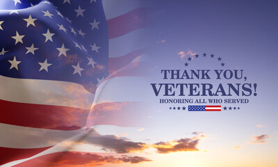 Veterans Day Background Design. USA flags against the sunset. Thank You, Veterans! Honoring All Who Served