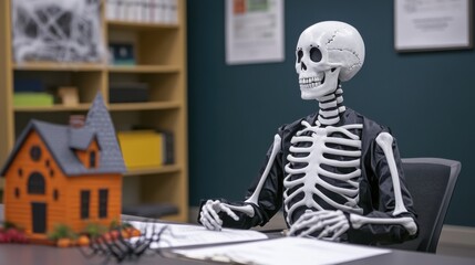 Skeleton in Suit at Desk with Toy House
