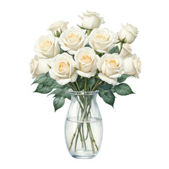 Elegant white roses in vase with isolated background, Watercolor white roses in glass vase with isolated background, Realistic white rose arrangement with isolated background.