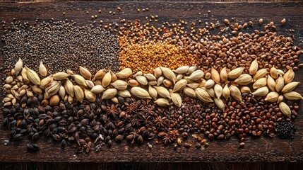 Obraz premium Artistic Arrangement of Various Seeds on Wooden Surface