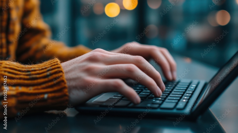 Poster hands typing on a foldable bluetooth keyboard