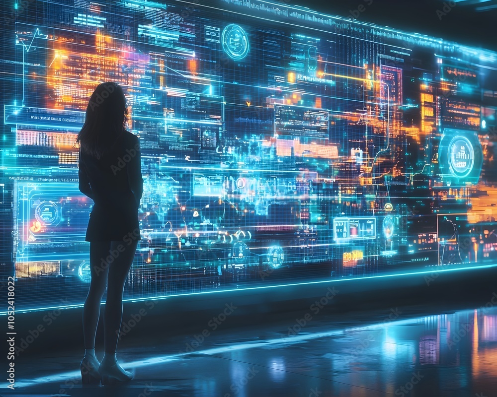 Poster futuristic ai driven marketing command center visualizing customer journey mapping and data streams