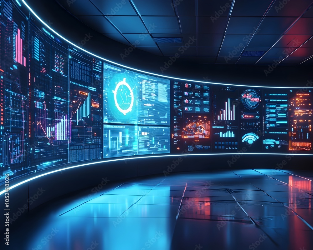 Poster futuristic ai driven marketing command center visualizing customer journey mapping and conversion pa