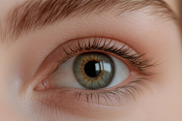 Obraz premium Natürliche detaillierte Nahaufnahme eines ungeschminkten weiblichen Auges mit Iris und Wimpern, Konzept für Schönheit und Gesundheit