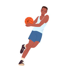 Basketball player spinning orange ball on finger. Young male athlete in sports uniform and sneakers standing to spin and twirl ball in balance with professional skill cartoon vector illustration