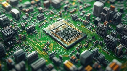 A close-up of a computer processor on a circuit board, rendered in a 3D style.