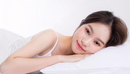 Obraz premium A pretty woman smiling with white bedding-happiness time.