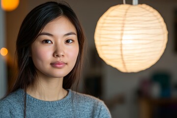Naklejka premium 部屋の明かりの近くで考え込む女性のポートレート