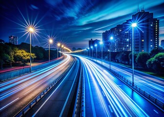 Fototapeta premium Long Exposure Car Headlight Streaks on Dark Blue Road for Night Photography