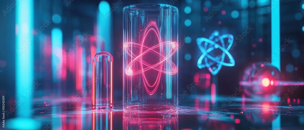Aufkleber a futuristic scene featuring glowing atomic models in a high-tech environment.