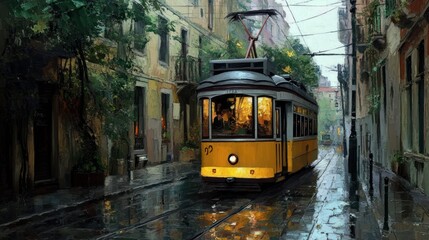 Tram in Rainy City Street