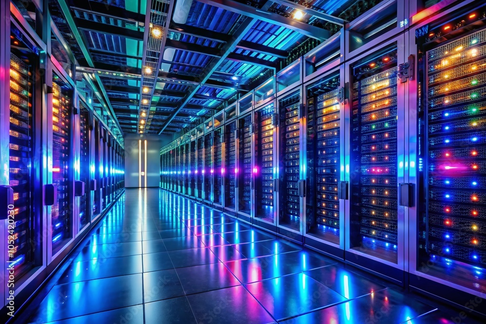 Poster long exposure of a high-tech server room with rows of servers illuminated by led lights for data cen