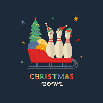 Christmas holiday bowling fancy icon. Bowling ball, funny pin, Elf hat minimal design element. Bowl club x-mas holidays invitation poster template. Christmas party event background illustration