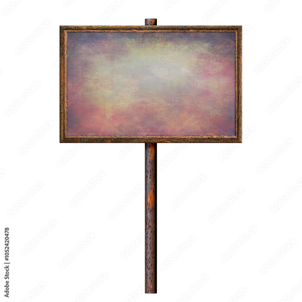Poster wooden empty dirty sign on rusty pole. rectangular frame with empty painted abstract surface. signbo