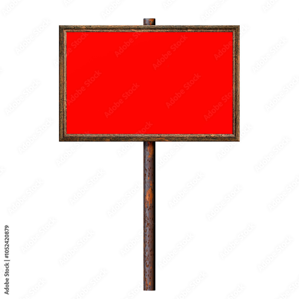 Aufkleber wooden empty dirty sign on rusty pole. rectangular frame with empty red surface. signboard isolated 