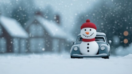 Fototapeta premium Cartoon Car with Snowman Amidst Winter Scene