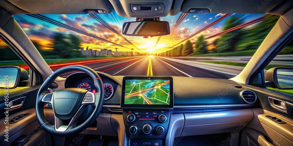 Poster Long Exposure of GPS Satellite Navigation System Displaying Route on Screen with Motion Blur Effects for Enhanced