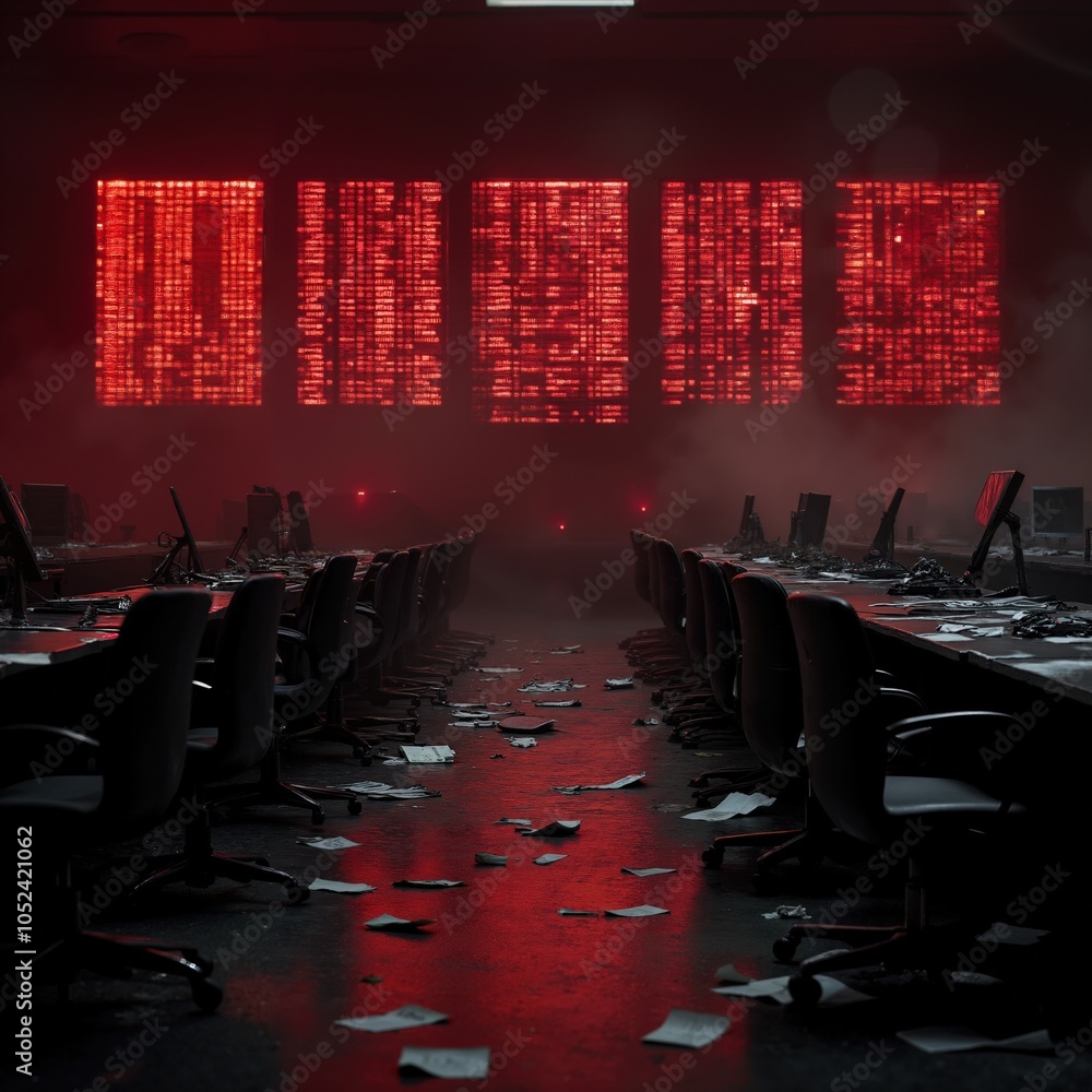 Poster dark cybersecurity control room with red data screens and scattered papers.
