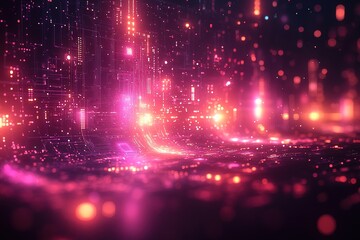 Fototapeta premium Abstract digital background with glowing lines and particles in pink and orange hues.