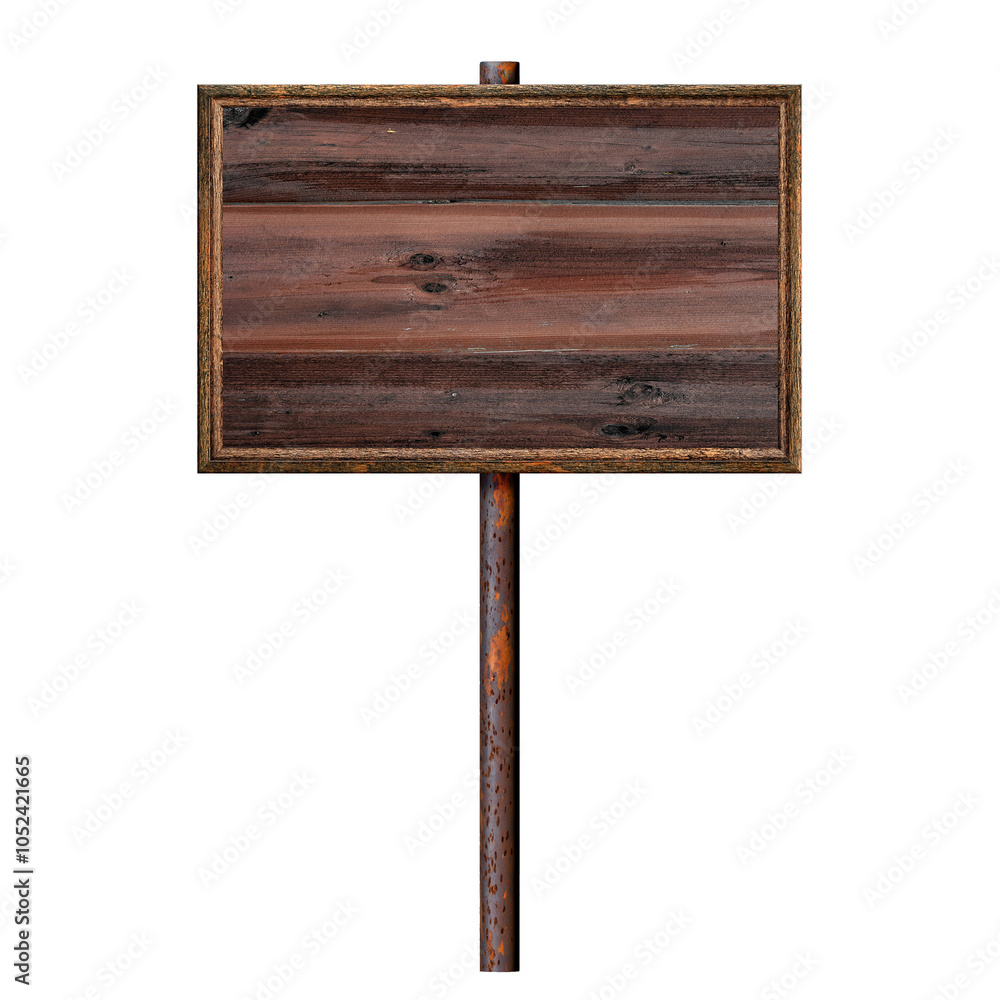 Poster wooden empty dirty sign on rusty pole. rectangular frame with empty wooden surface. signboard isolat