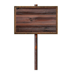 Wooden empty dirty sign on rusty pole. Rectangular frame with empty wooden surface. Signboard isolated on white