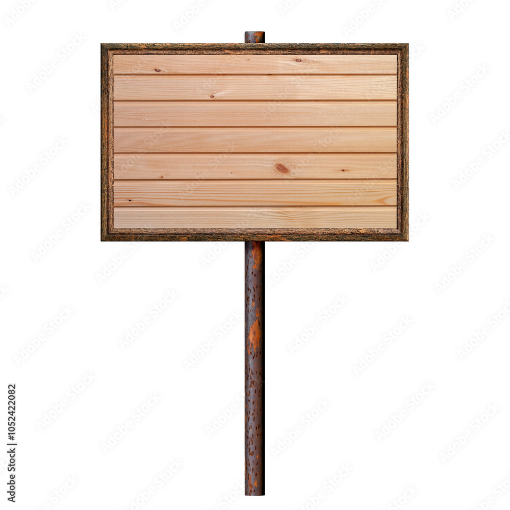Poster wooden empty dirty sign on rusty pole. rectangular frame with empty plank surface. signboard isolate
