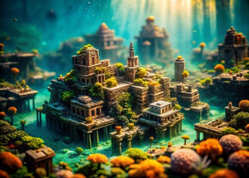 Lost City of Lemuria: Mystical Underwater Ruins in Tilt-Shift Style for a Dreamlike Effect
