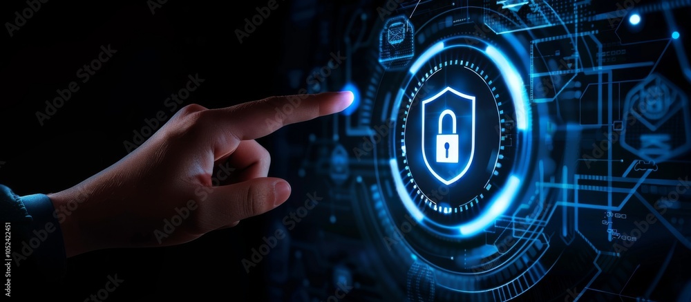 Poster a hand pressing a button symbolizes the action taken towards data protection.