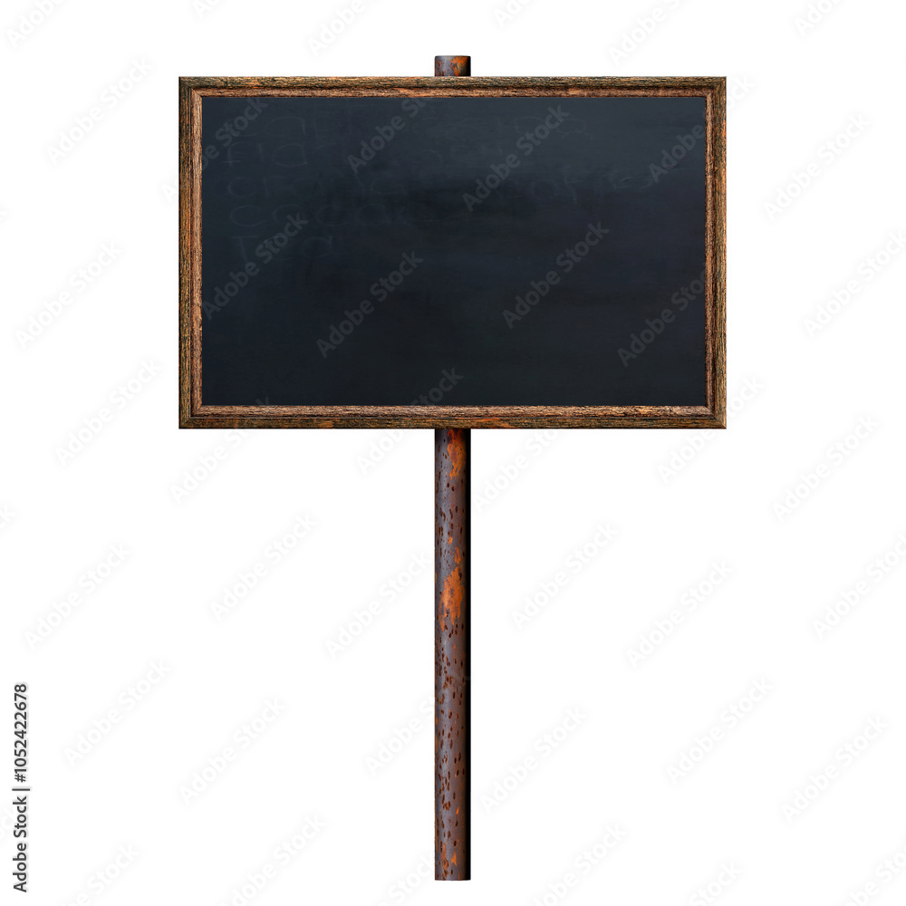 Poster wooden blank dirty sign hanging on rusty pole. rectangular frame with blank black slate surface. sig