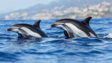 Fototapeta premium Mother Dolphin Swimming with Her Calf in Clear Water