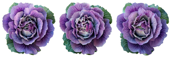 Obraz premium Set of A purple cabbage flower, top view, against a isolated on a transparent background cutout, PNG file