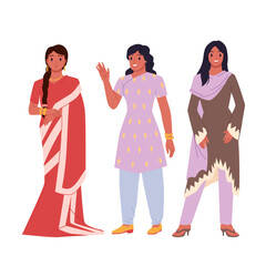 Fototapeta premium Indian women in traditional red saree and modern fashion clothes standing with smiles together. Group portrait of three pretty female characters smiling and waving cartoon vector illustration
