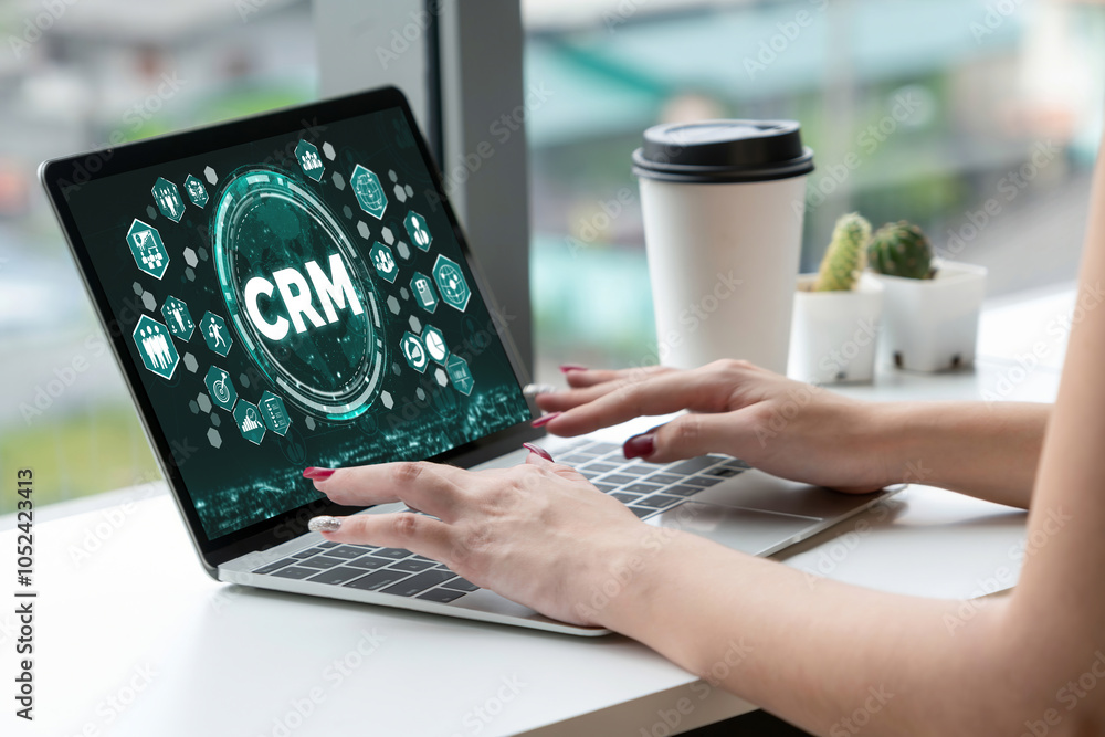 Poster customer relationship management system on modish computer for crm business and enterprise