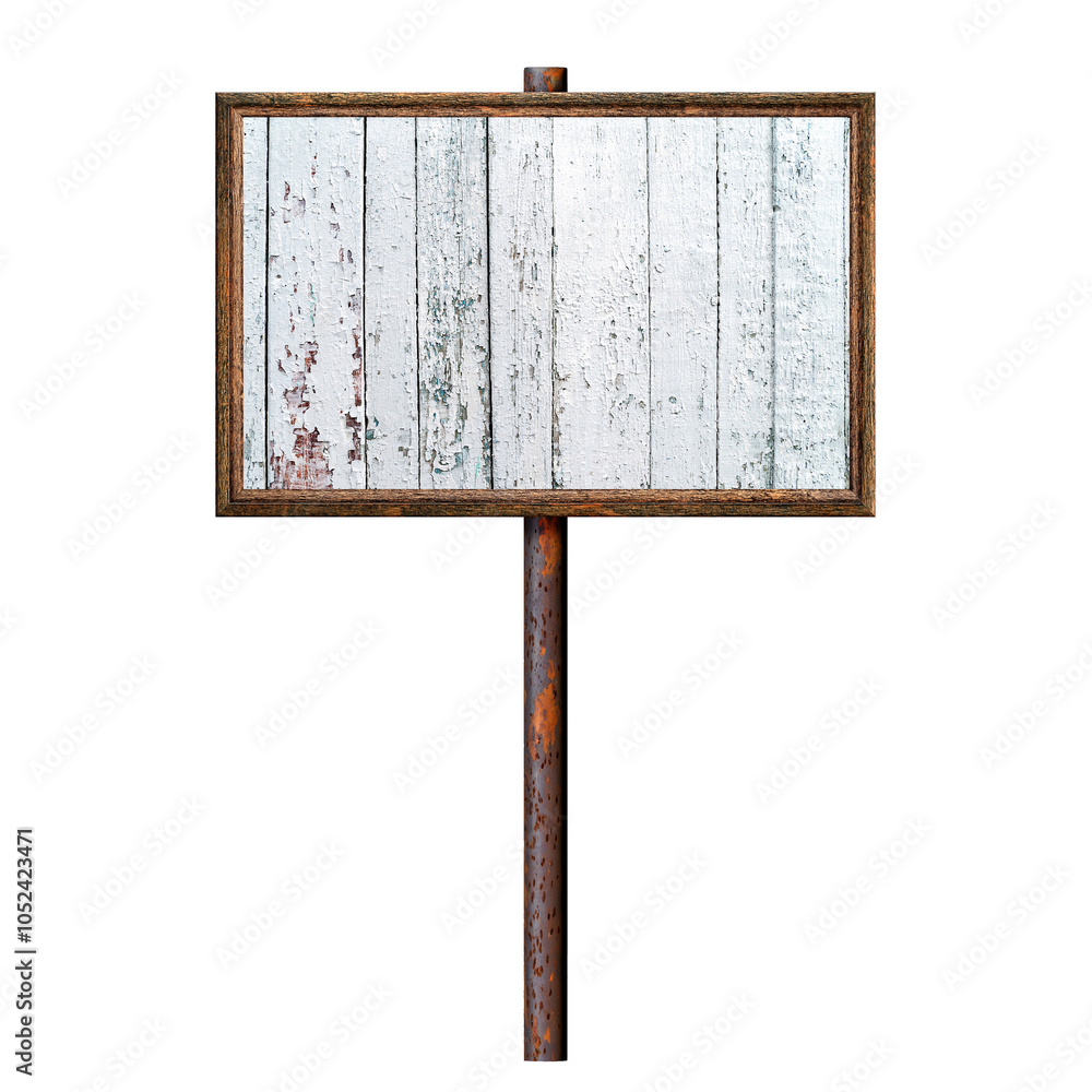 Aufkleber wooden blank dirty sign hanging on rusty pole. rectangular frame with empty painted plank surface. s