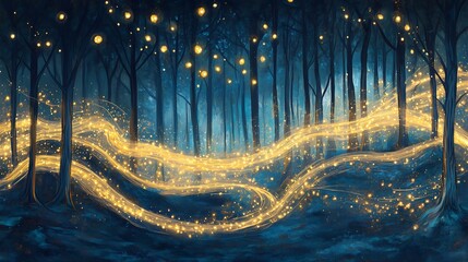 Mystical, enchanted misty forest with firefly trails glistening in gold and blue, creating sparkling swirls around soft, glowing trees, shimmering lights weave patterns in the air
