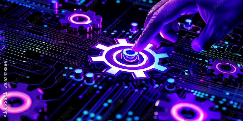 Poster innovative technology concept featuring abstract gears on a virtual screen.