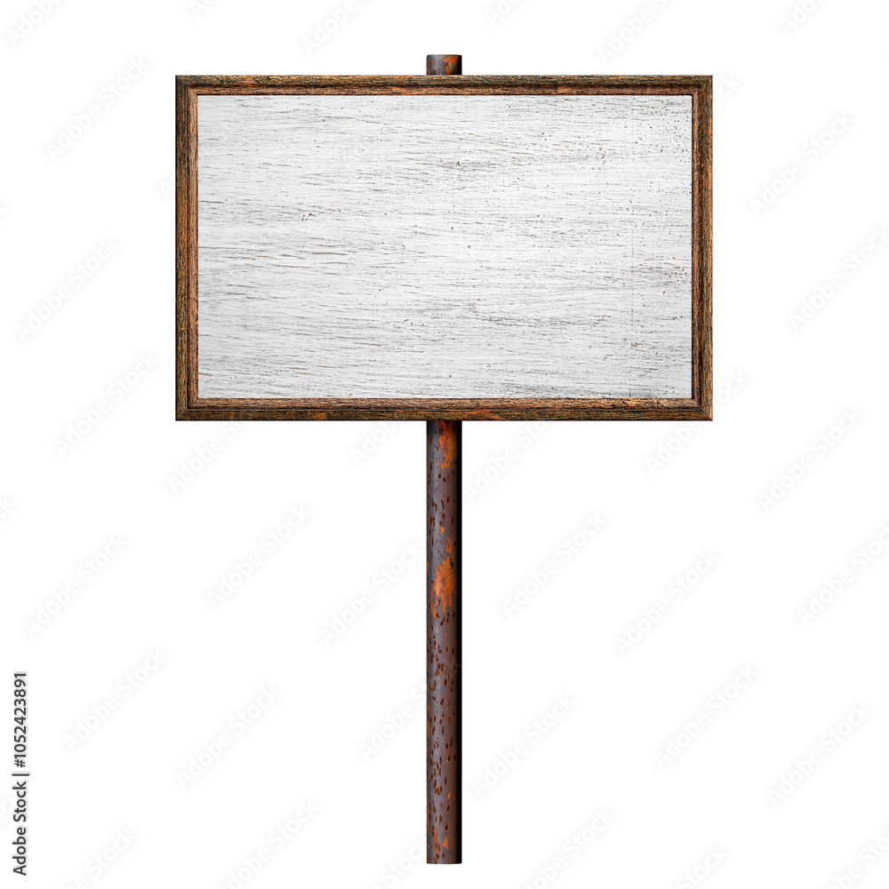 Poster wooden empty dirty sign hanging on rusty pole. rectangular frame with empty peeled painted surface. 