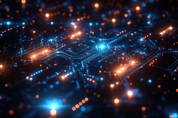 Fototapeta premium Abstract digital circuit board with glowing blue and orange lights.